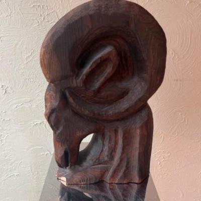 Wood carved ram head and stand 