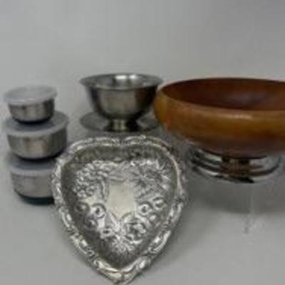 vintage wood and pewter bowl, stainless measuring cups