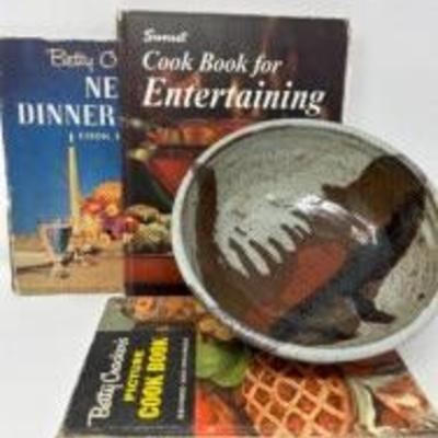 vintage cookbooks, pottery
