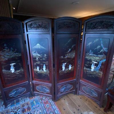 4 Panel Oriental Dressing Screen with Hand Carved Tops and Hand Painted Scenes ~ Applied Mother of Pearl Embellishments