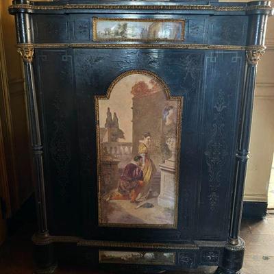 #115 Ebonized Cabinet with Decorative Porcelain Panels