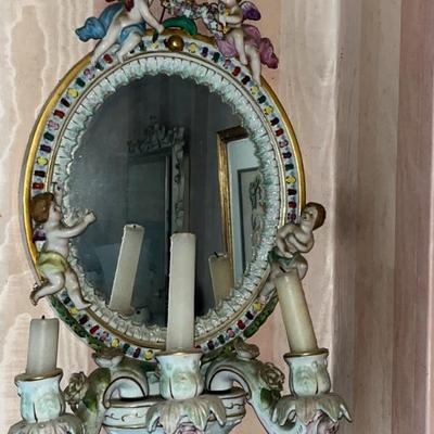 Antique Louis XV Style Dresden Mirrored Sconce with Putti