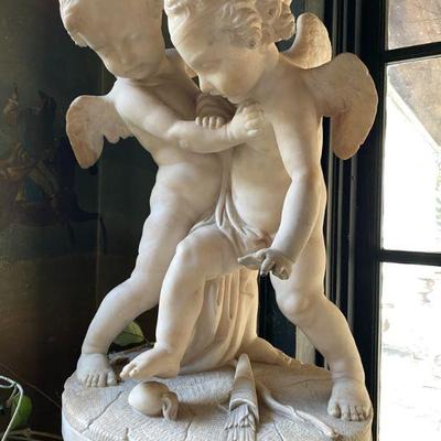Two Cupids Fighting for a Heart on a terrace ~ after Jean Baptiste Pigalle 1714 ~ 1785 (Alabaster)