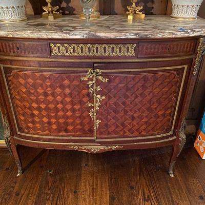 #83 Louis XVI  Style Marquetry Marble Topped Cabinet 