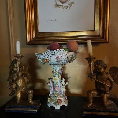#107 Pair of Gilt Marble Base Candlesticks with Putti  Dresden Footbath 