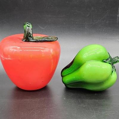 (2) Murano-Style Art Glass Blown Apple & Pepper
