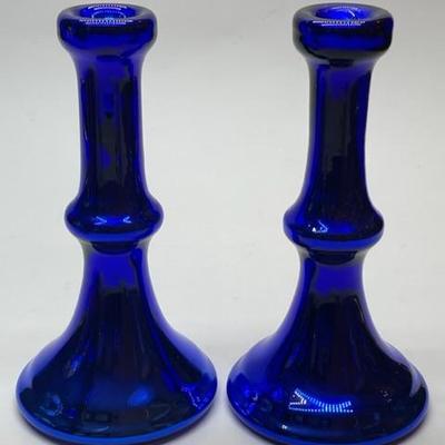 Pair of Cobalt Blue Art Glass Candlesticks