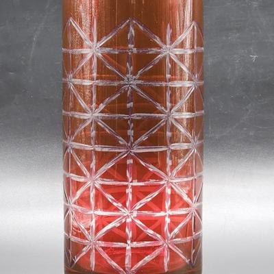 Vintage Bohemian Glass Ruby Red Cut to Clear Vase