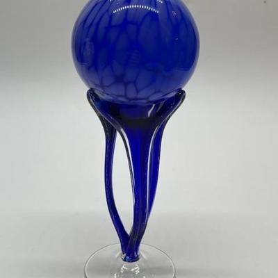 Cobalt Blue Blown Art Glass Bulb Vase on Stand