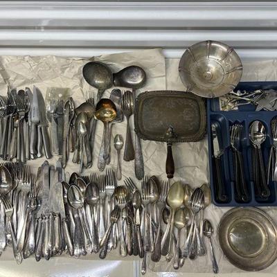 FTH059- Assorted Silver Plated Cutlery & (1) Sterling Weighted Compote Dish