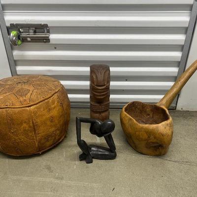FTH258- Wooden Decor & A Vintage Handcrafted Leather Poof