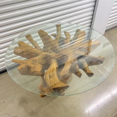 FTH446- Beautiful Burlwood Root Table With Glass Top
