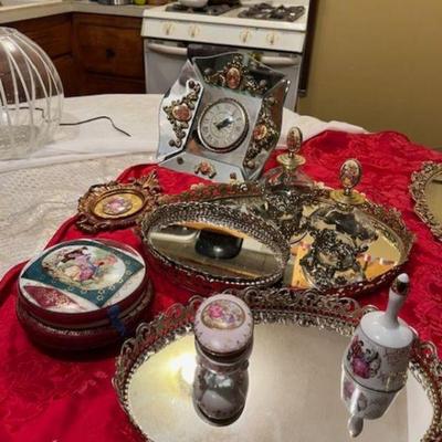 Victorian vanity Hand Painted Accessories  and Matching working clock