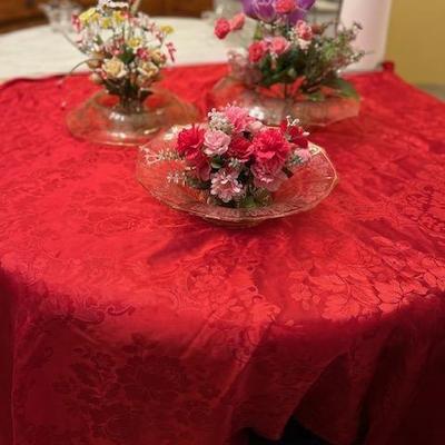 Holiday Center pieces Depression glass, flower frogs and flowers