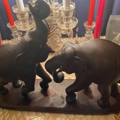 Vintage Wooden Tusks up Elephants Figurine 