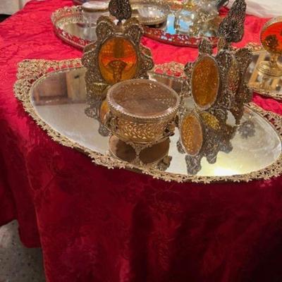 Victorian Shimmering Ormolu and Amber Decanter
Dresser Set 