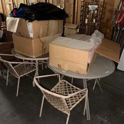 #2374 â€¢ 2 Patio Tables, Chairs and Boxes of Fabric & Pool Covers
