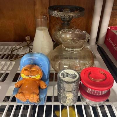 #2114 â€¢ Lamps, Vase, Jars and Glass Garfield Figurine
