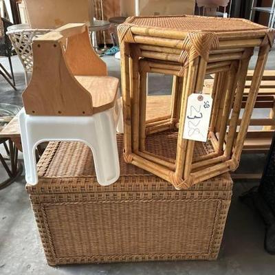 #2328 â€¢ Wicker Chest, Step Stool Nesting Tables & Shelf
