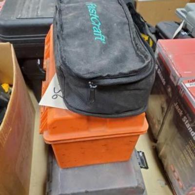 #3136 â€¢ Mulit Tool, 2 Tool boxes with Wheels, Shelf Mounts, Clamps, Tv Cords, Sander Paper
