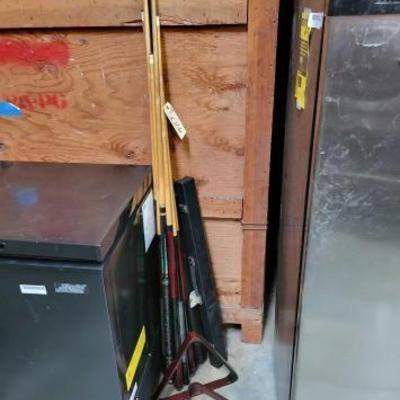 #5076 â€¢ (9) Pool Cue, (2) Ball Racks & (2) Pool Cues in Cases
