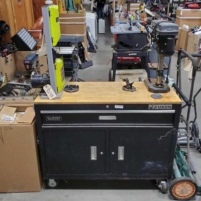 #3258 â€¢ Yukon Tool box with Wooden Top Full of Tools, Bench Drill Press, Band Saw
