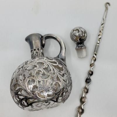 Silver overlay Cruet, Solid Silver Button Hook