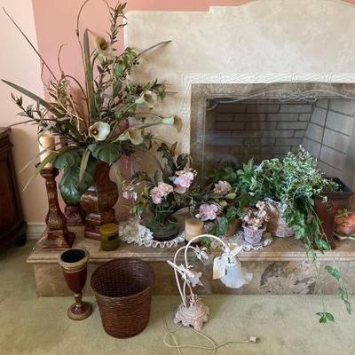 #2312 â€¢ Faux Plants, Candle Holders, Basket & Floral Lamp
