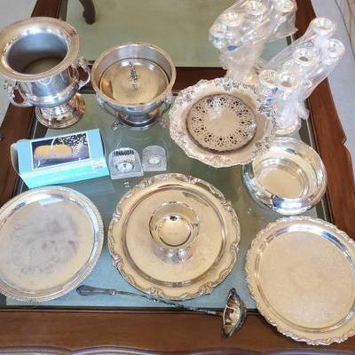 #1130 â€¢ Silver Plated Dishes, 2 Desk Clocks
