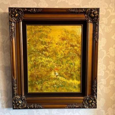 #1510 â€¢ Framed Painting of Girl with Umbrella in the Woods

