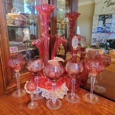 #1132 â€¢ Vintage Cranberry and Etched Glass Dishes
