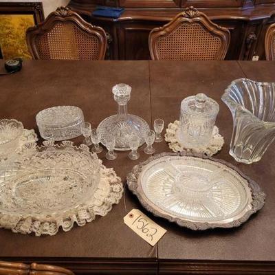 #1562 â€¢ Glass Vase, Bowl, Divided Tray, Jars & Decanter
