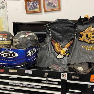 VINTAGE Harley leathers / patches and helmets 