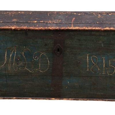 Large Primitive European Painted Pine Travel Trunk 