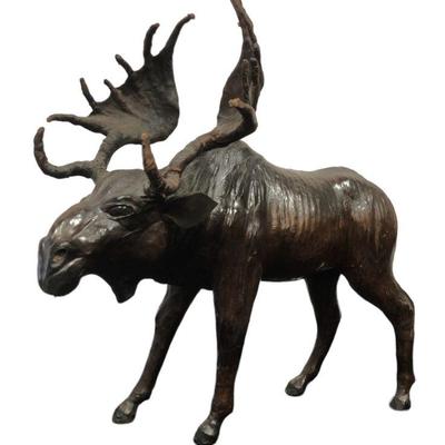 Antique Brown Leather Moose Statue 