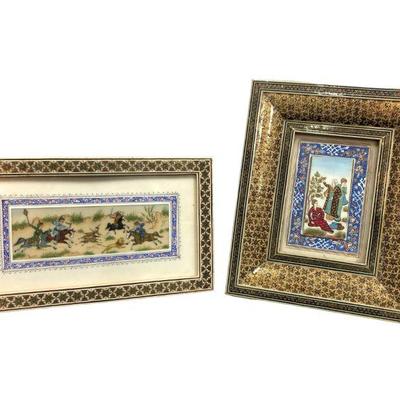 Two Persian Painted Scenes W. Inlaid Khatam Frames 