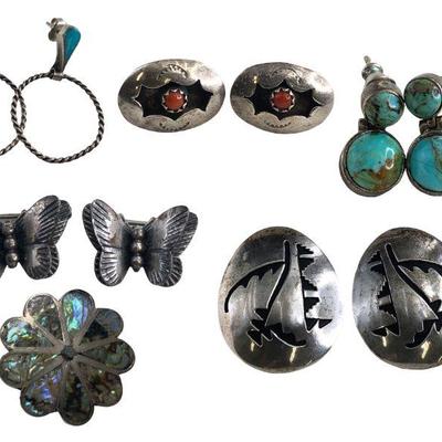Collection of Native American Sterling Silver Jewelry, Turquoise, Red Coral, Abalone