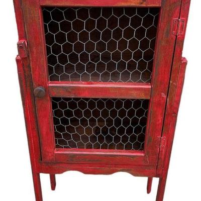 Small Primitive Red Cabinet w Chicken Wire Doors