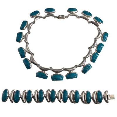Mexican Sterling Silver and Turquoise Necklace and Bracelet