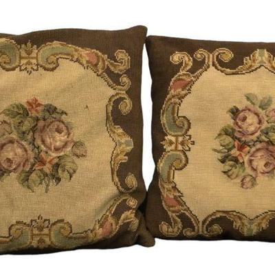 Pair French Embroidered Pillows 