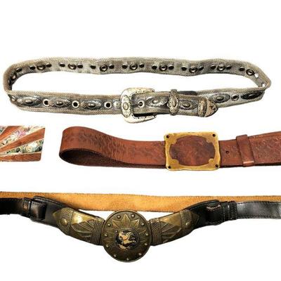 Collection of Leather, Mixed Metal, Abalone Southwestern Belts, Buckle
