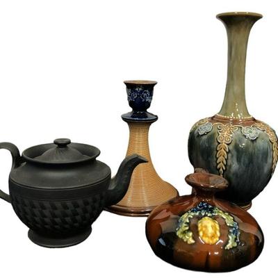 Collection Antique Pottery Vases, Candlestick & Basalt Teapot PETERS & REED, ROYAL DOULTON