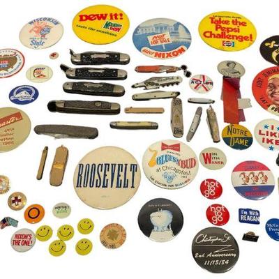 Collection 1930s-1990s Advertising Pins and Pocket Knives 
