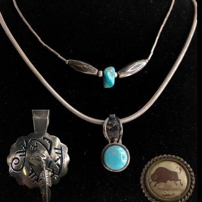 Assorted Native American Sterling Silver and Turquoise Necklaces, Pendant, Pin