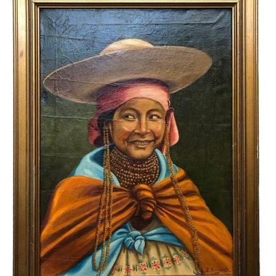 South American Woman Portrait Signed R. SALGEROS Oil on Canvas 
