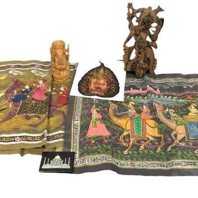 Collection Indian Silk Tapestries, Ganesha Hand Carved Statue & Bali Goddess Sculpture 