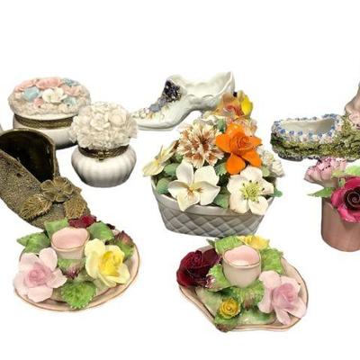 Collection Antique Porcelain Flower Bouquet, Trinket Boxes, & Figurines STAFFORDSHIRE, DENTON, CAPODIMONTE DRESDEN