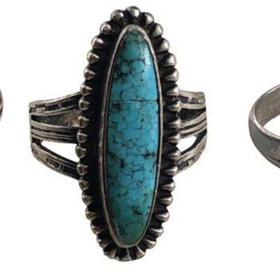 (3) Native American Sterling Silver and Turquoise, Coral Rings 
