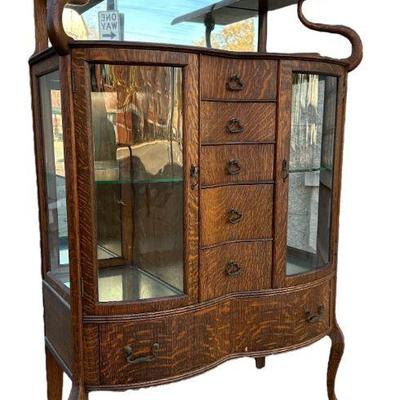 Antique Oak Double Curve Glass China Cabinet
