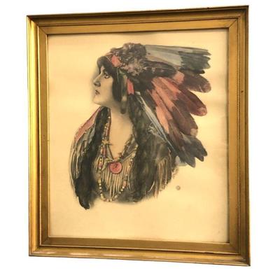 Hand Painted Watercolor Postcard of Native American Woman 